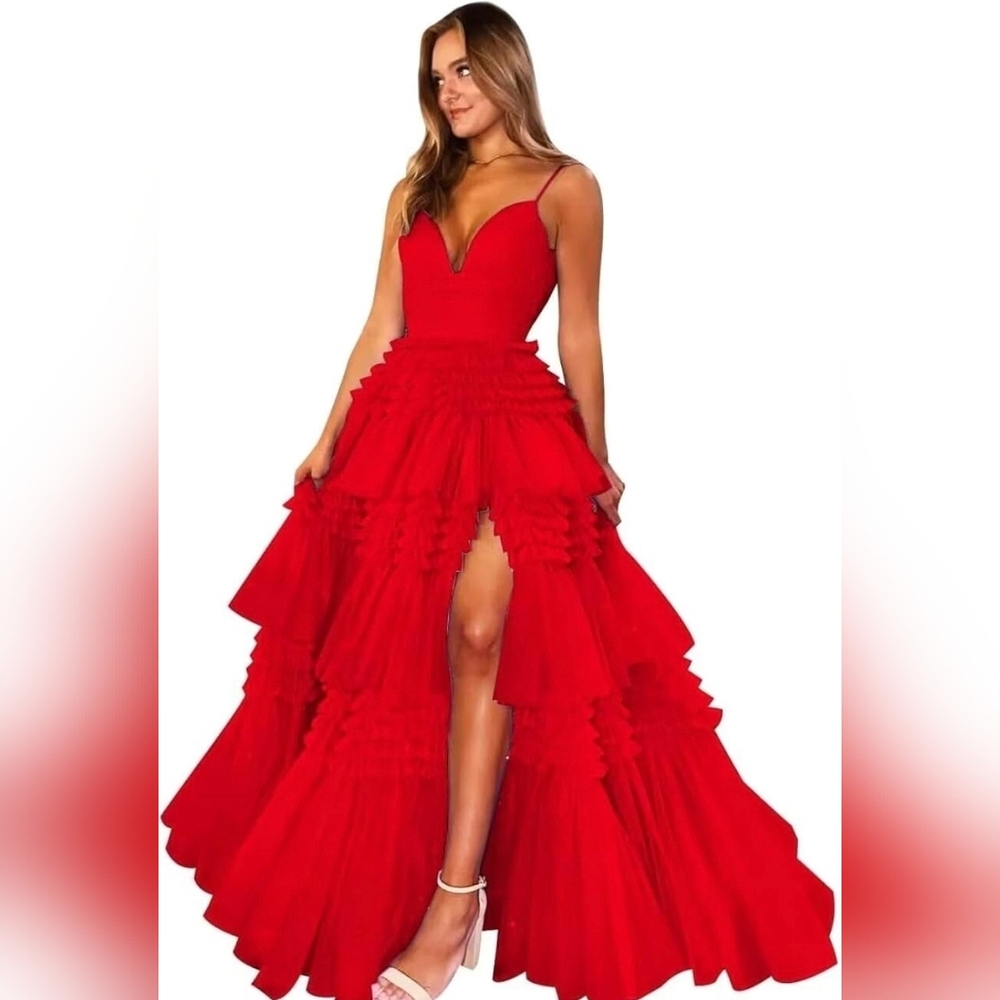 Red Tiered Tulle Formal Gown w/ Glitter Accents And Lace Up Back Sz 12